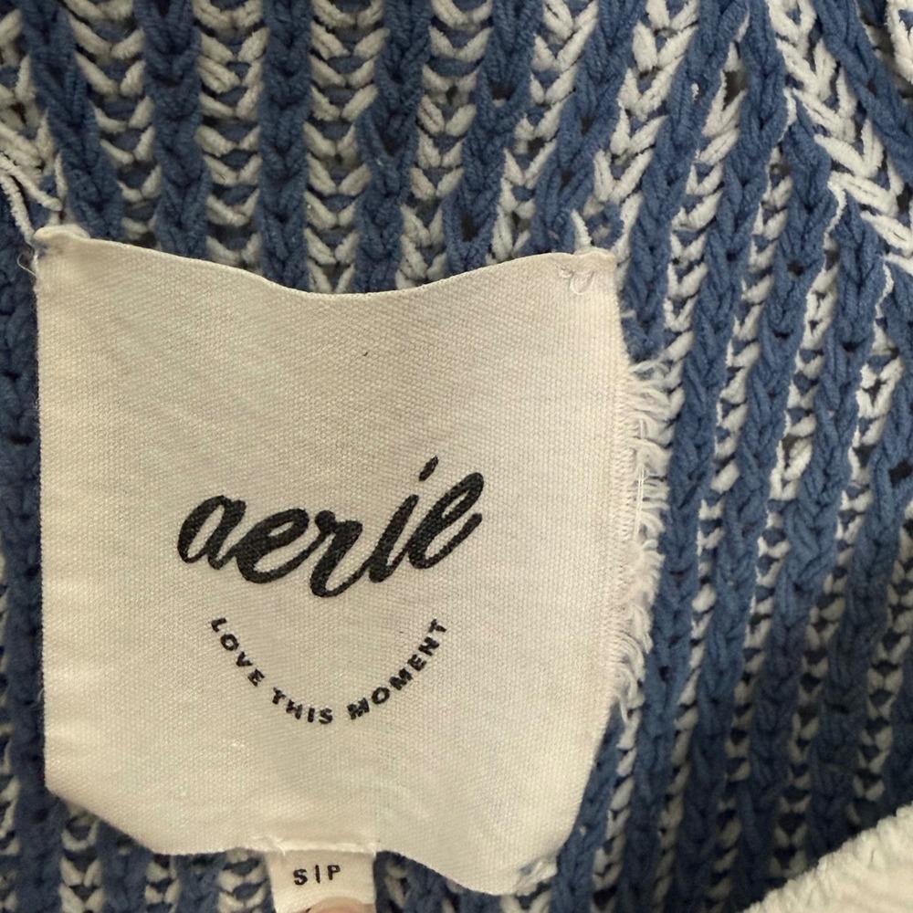 Aerie Sweater Womens Small Blue White Striped Polo Oversized Coastal Preppy - Picture 3 of 11